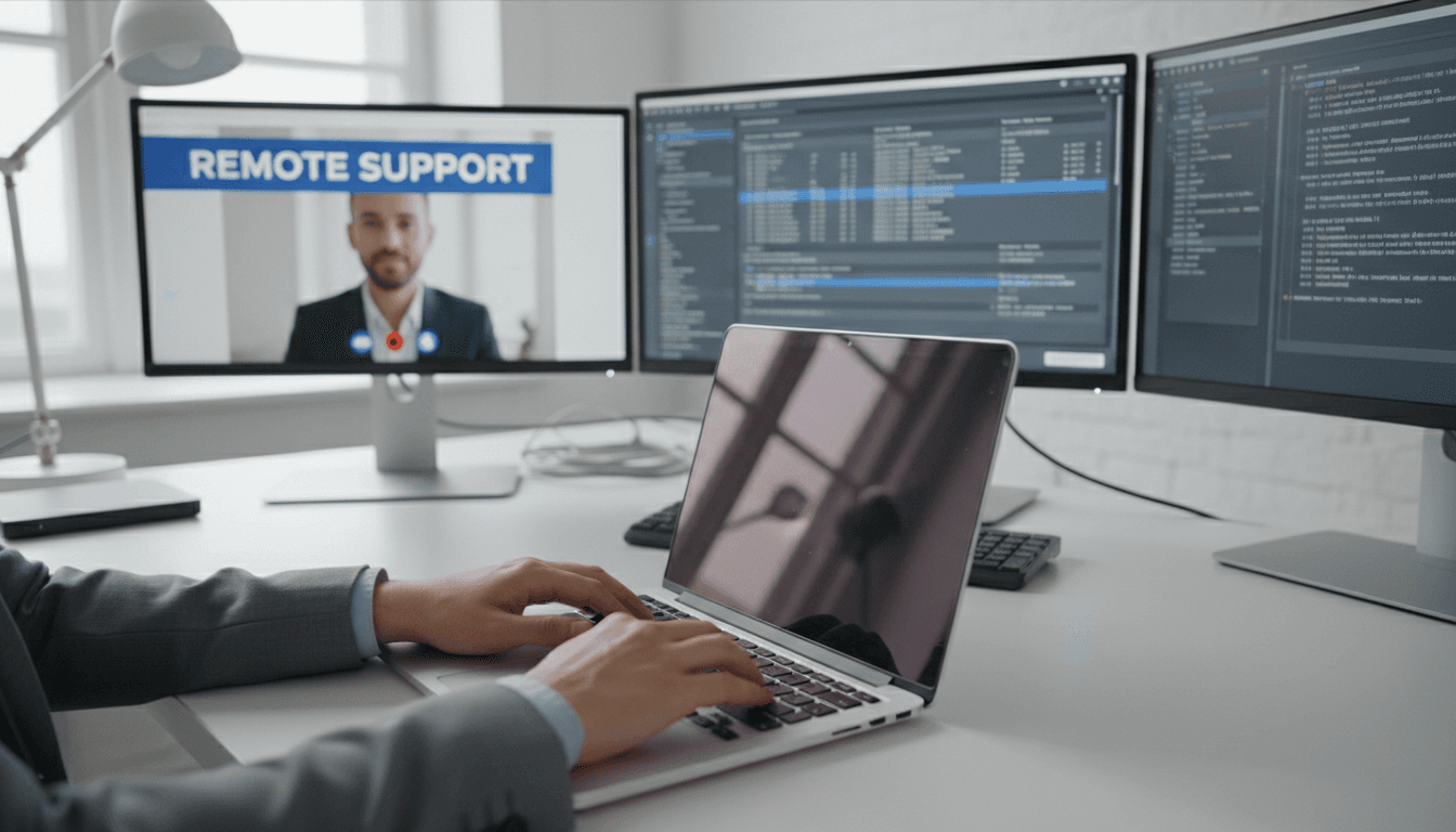 Technician's hands typing on laptop keyboard with diagnostic software and video call visible on multiple monitors during remote support session