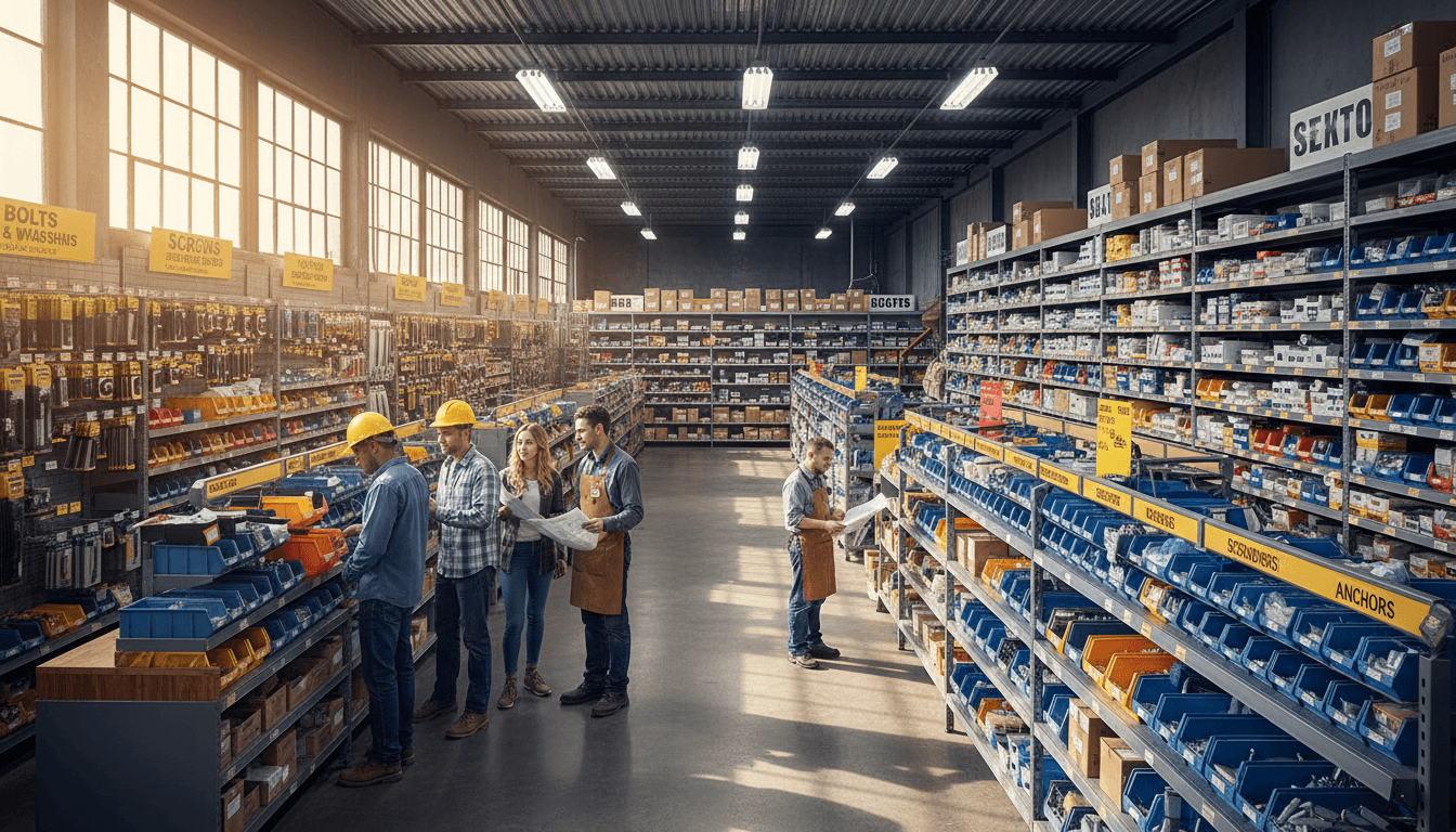 Busy hardware supply store with customers browsing floor-to-ceiling shelving of organized fastener bins and components throughout warehouse